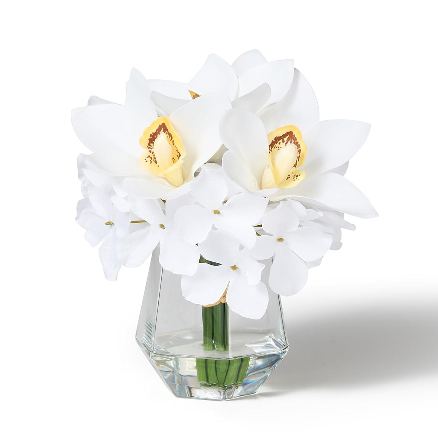 Bathroom Artificial Flowers With Small Vase - Real Touch Silk Fake Magnolia + Hydrangea Flowers Arrangemets In Glass Vase With Faux Water For Home Office Decor