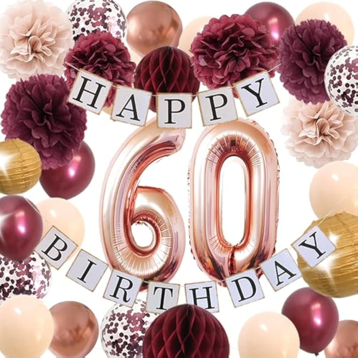 60Th Birthday Decorations Women – Rose Gold 60 Birthday Party Supplies For Happy Womens With Fabulous Champagne Burgundy Flowers Balloons Tissues Decor (Burgundy + Champagne)