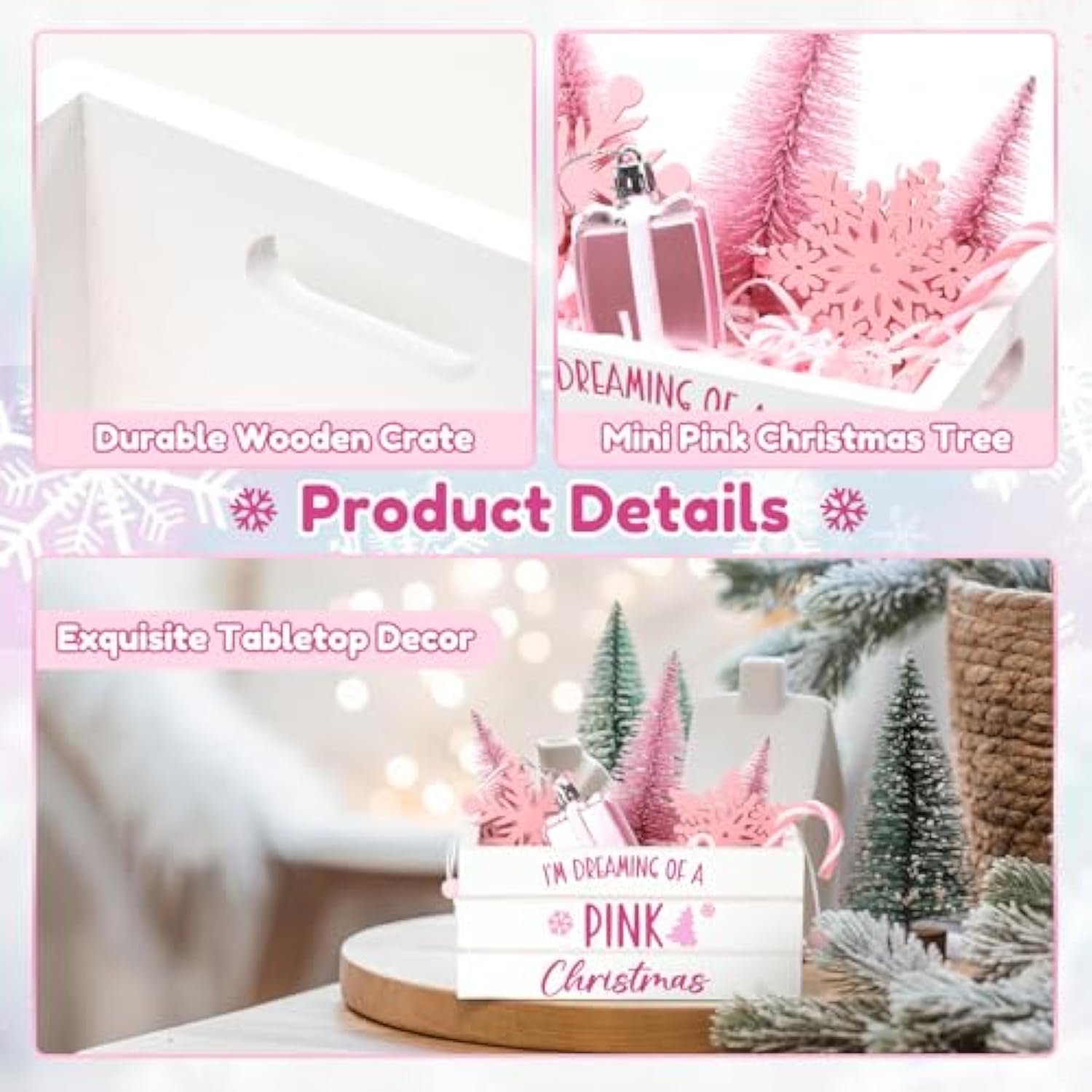 Christmas Table Decor Tiered Tray Centerpiece With Mini Pink Tree, Snowflake, Candy Cane Basket, Wooden Crate Set - I'M Dreaming Of A Pink Christmas Home Decorations Gifts For Women