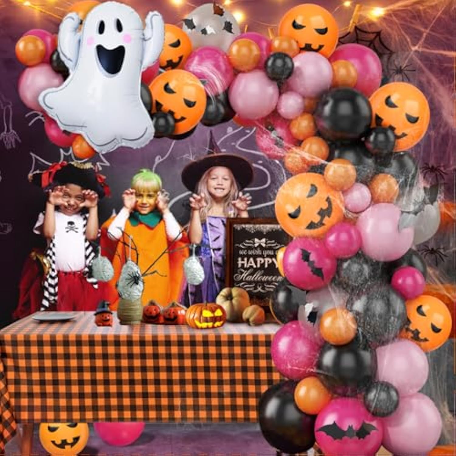 111Pc Halloween Balloon Arch Kit – Black Orange Hot Pink with Spider & Ghost