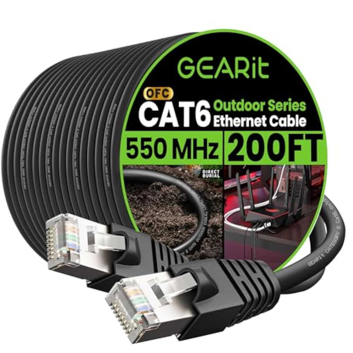 GearIT Cat6 Outdoor Ethernet Cable (200ft) 23AWG Pure Copper, FTP, LLDPE, Wate
