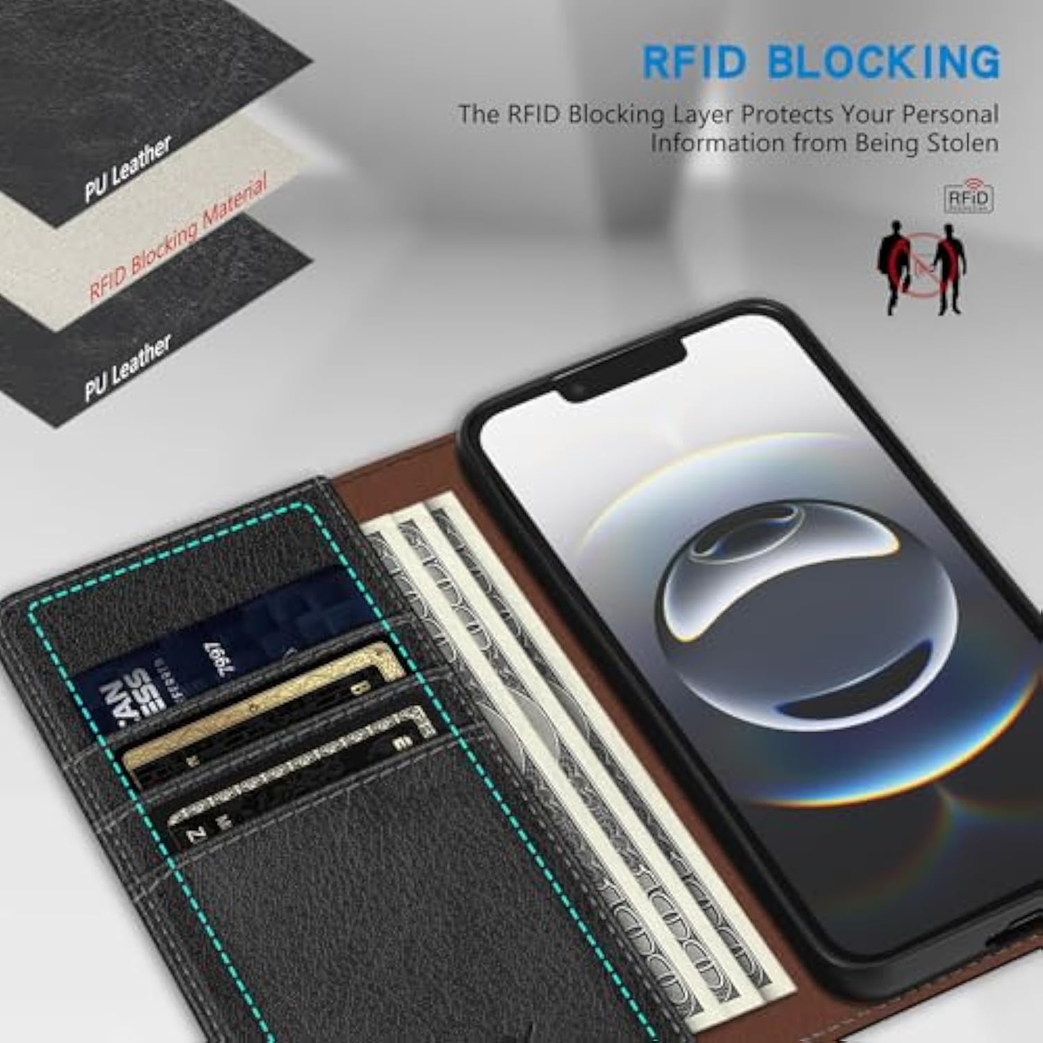 For Iphone 16E Wallet Case With [Rfid Blocking] Card Slot Stand Strong Magnetic Leather Flip Fold Protective Phone Case For Iphone 16E Case Wallet(Black-6.1 Inch)