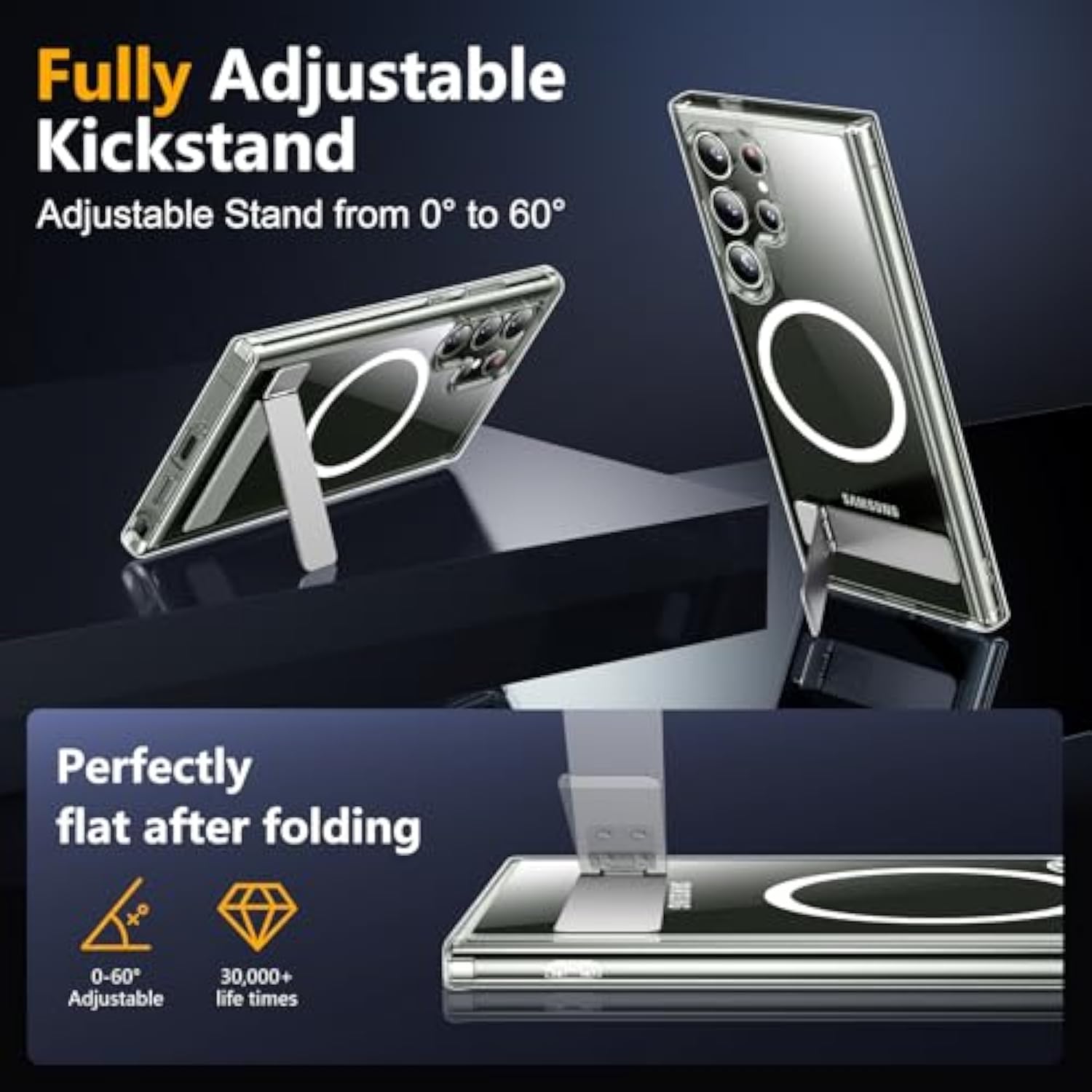 Magnetic For Samsung Galaxy S23 Ultra Case, [3 Stand Ways][ Grade Drop Protection] With Invisible Stand Shockproof Slim Case For Samsung S23 Ultra 6.8", Clear