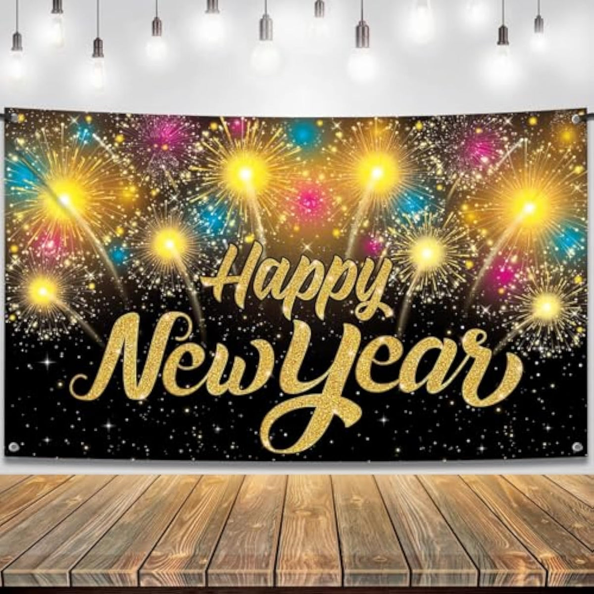 Extra Large Happy New Year 2026 Banner 72x44 Black Gold Party Backdrop