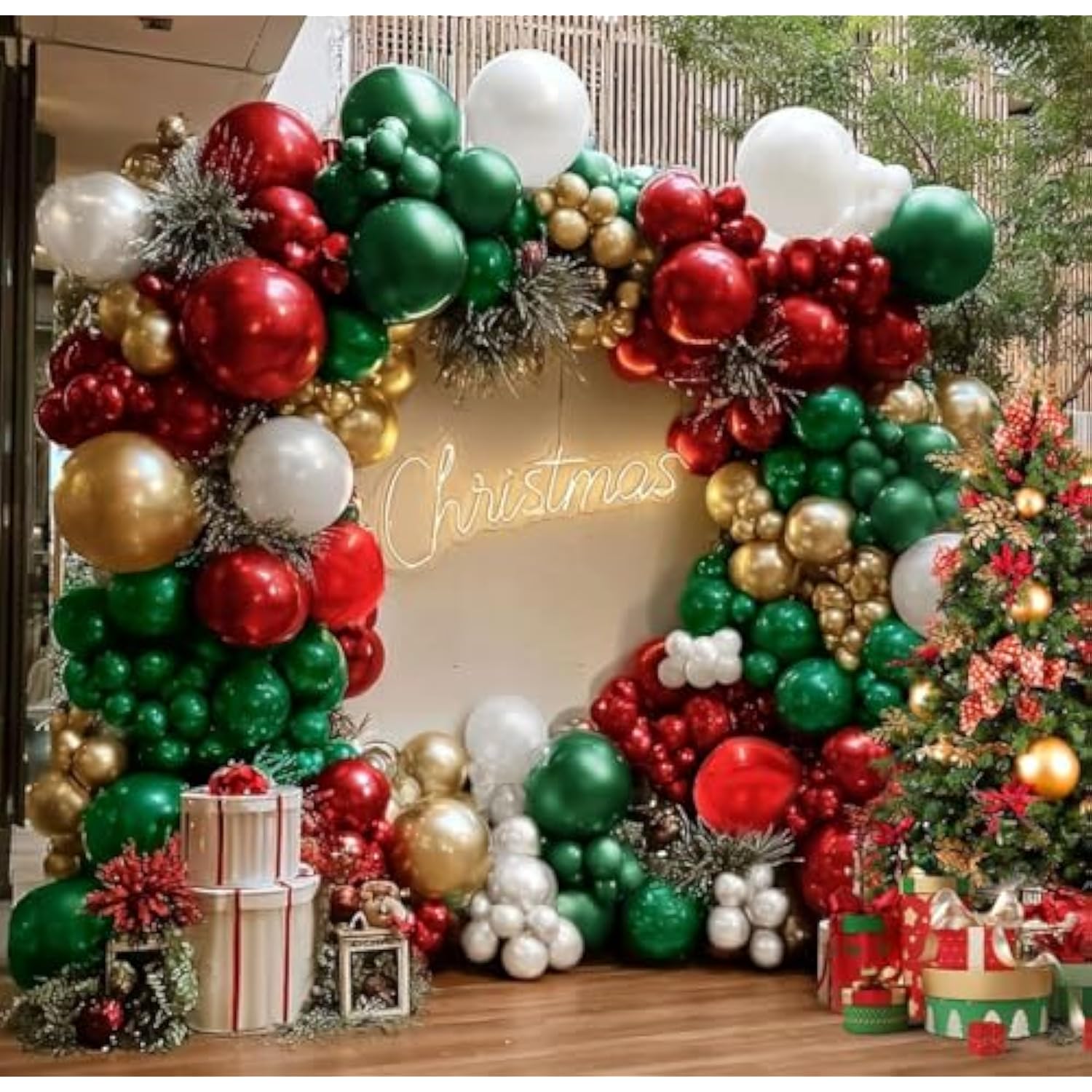 Christmas Balloon Garland Kit - Double Stuffed Burgundy Dark Green Pearl White Gold Balloon Arch Red Metallic Foil Balloons For Christmas New Year Xmas Party Decorations