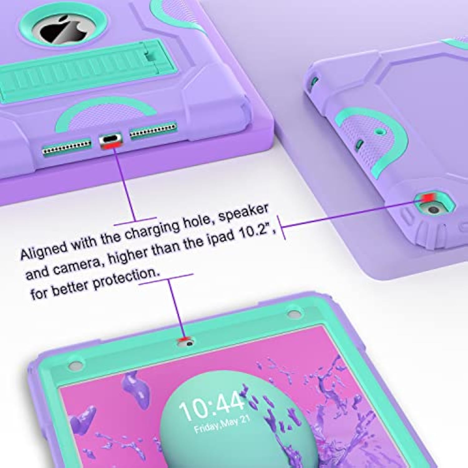 For 9Th Generation Case, 8Th 7Th Generation Case, 10.2 Inch 2021/2020/2019 Case, Heavy Duty Rugged Shockproof Protective Cover With Kickstand For Kids Boys Girls Purple/Green