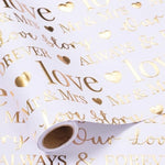 Wrapping Paper Roll, Bridal Shower Gift Wrap, Mini Roll, 17 Inches X 16.5 Feet, White And Gold Foil Love Design For Wedding, Anniversary, Engagement