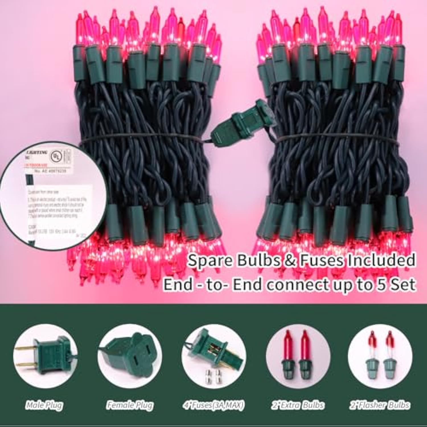 Super-Bright Extendable Pink Christmas Lights Decoration 100Lights 19.6Ft Ul Certified Mini Bulb String Lights Set For Outdoor Christmas Tree Garden Holiday Party Patio Wedding Garland Decor
