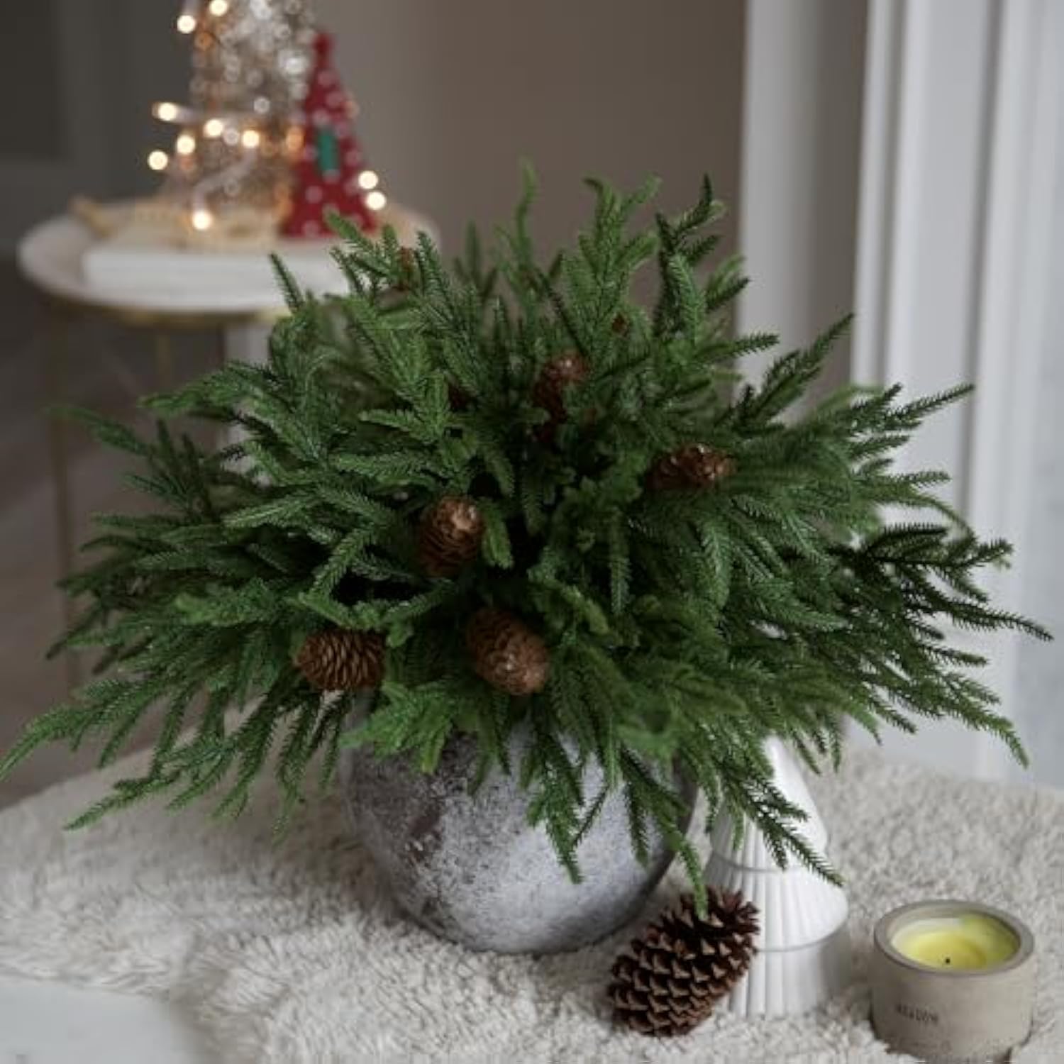 Artificial Christmas Norfolk Pine Stems Branches For Vases,12 Bundles Faux Pine Branches With 5 Pcs Big Pinecones Stems Fake Greenery Evergreen Real Touch For Holiday Winter Table Xmas Decor