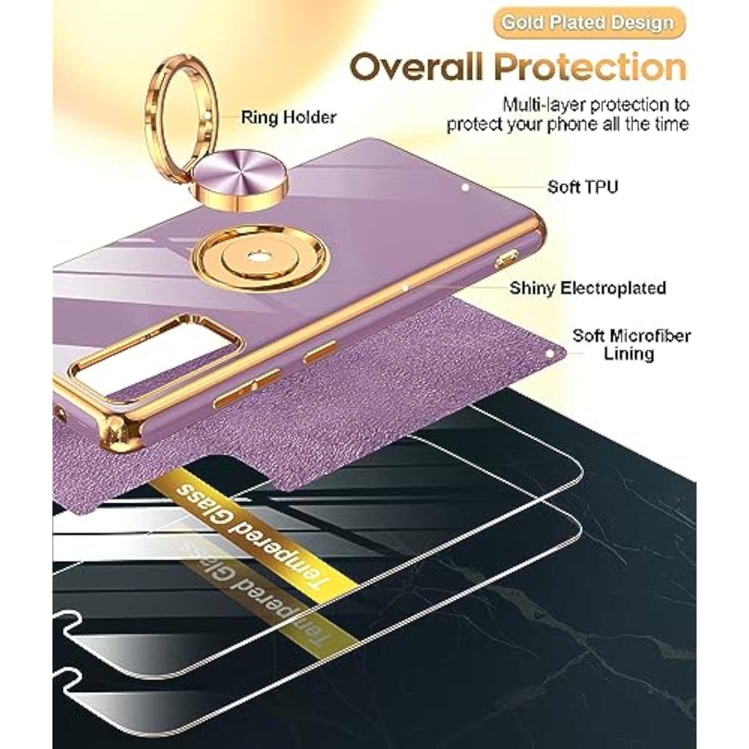 For Samsung Galaxy S20-Fe-5G Case: With Tempered Glass Screen Protector [2 Pack], Ring Holder Magnetic Kickstand, Plating Rose Gold Edge Protective Case For Women Men Girls, Purple