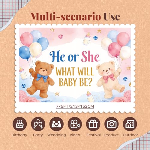 Gender Reveal Backdrop for Party Decorations, 7x5ft High-Resolution Non-Reflective Fabric Background for Photo Booth Prop, Gender Neutral Bear Theme Cake Table Decor for New Member Celebration