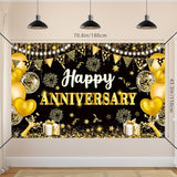 Happy Anniversary Decorations, Black And Gold Wedding Happy Anniversary Party Supplies - Happy Anniversary Banner,Backdrop 5.9 X 3.6Ft With 5Pcs Honeycomb Centerpiece Decor