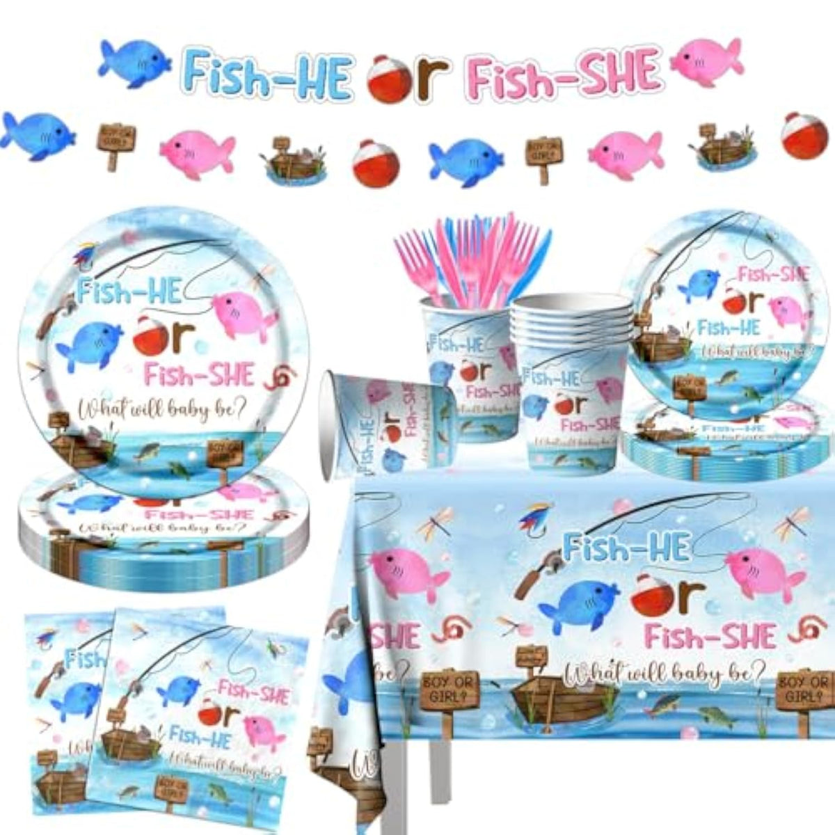 Gone Fishing Gender Reveal Party Tableware 142Pcs Fish She Or Fish He Gender Reveal Disposable Tablecloth,Plates,Napkins,Cups,Forks And Knives For Baby Shower Decoration Of Gender Reveal