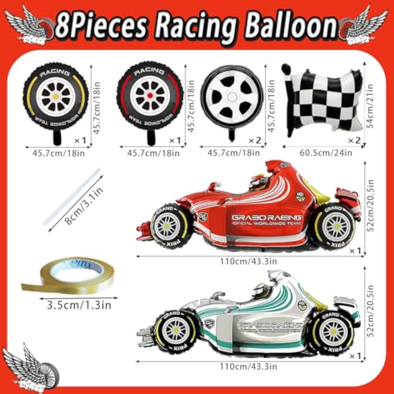 Race Car Balloons, 43 Inch Race Car Birthday Party Decorations, Wheel Tire Foil Balloons, Two Fast Birthday Decorations, Black And White Checkered Balloons, Cars Birthday Party Supplies - Pack Of 8