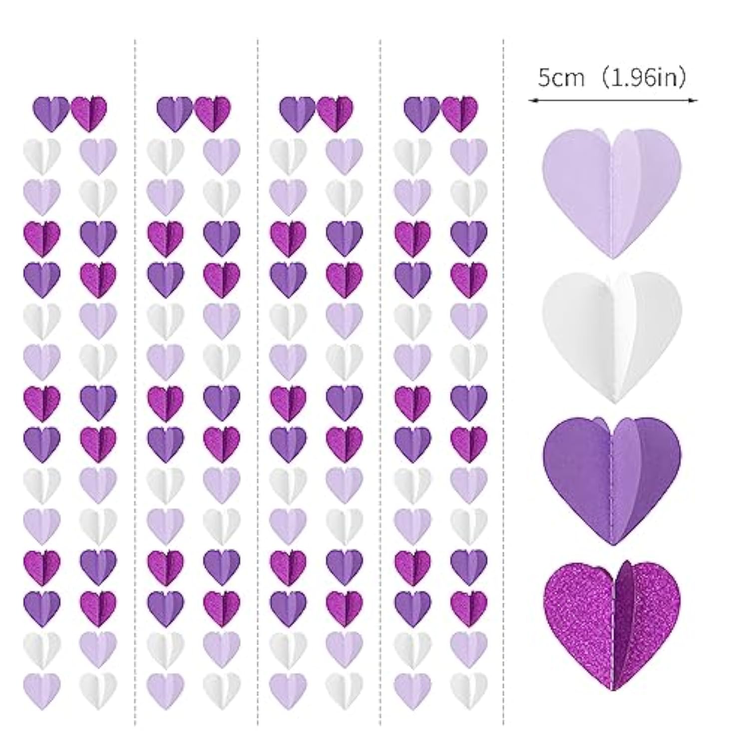 Purple White Lavender Party-Decorations Heart-Garland - 39Ft 3D Women Girl Birthday Supplies Hanging Paper Streamers Banner,Baby Bridal Shower Wedding Engagement Bachelorette Graduation Decor