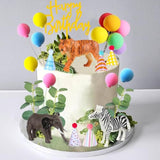 Safari Animal Cake Toppers With Mini Birthday Party Hat Color Balls Cake Decorations For Jungle Wild Themed Baby Shower Birthday Party Supplies (Safari Animal)
