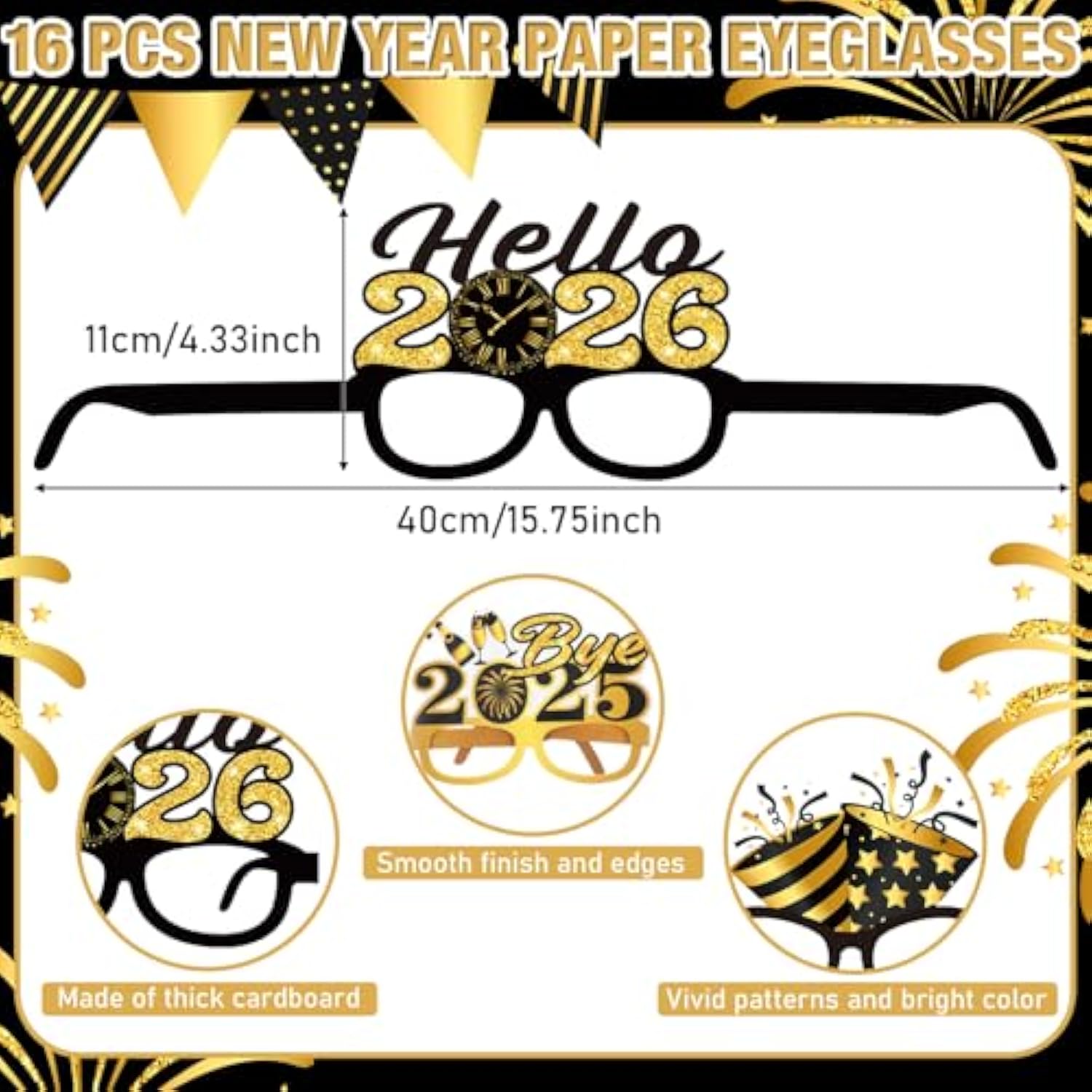 32pcs New Year 2026 Party Props with 16 Glasses & 16 Headbands Black Gold