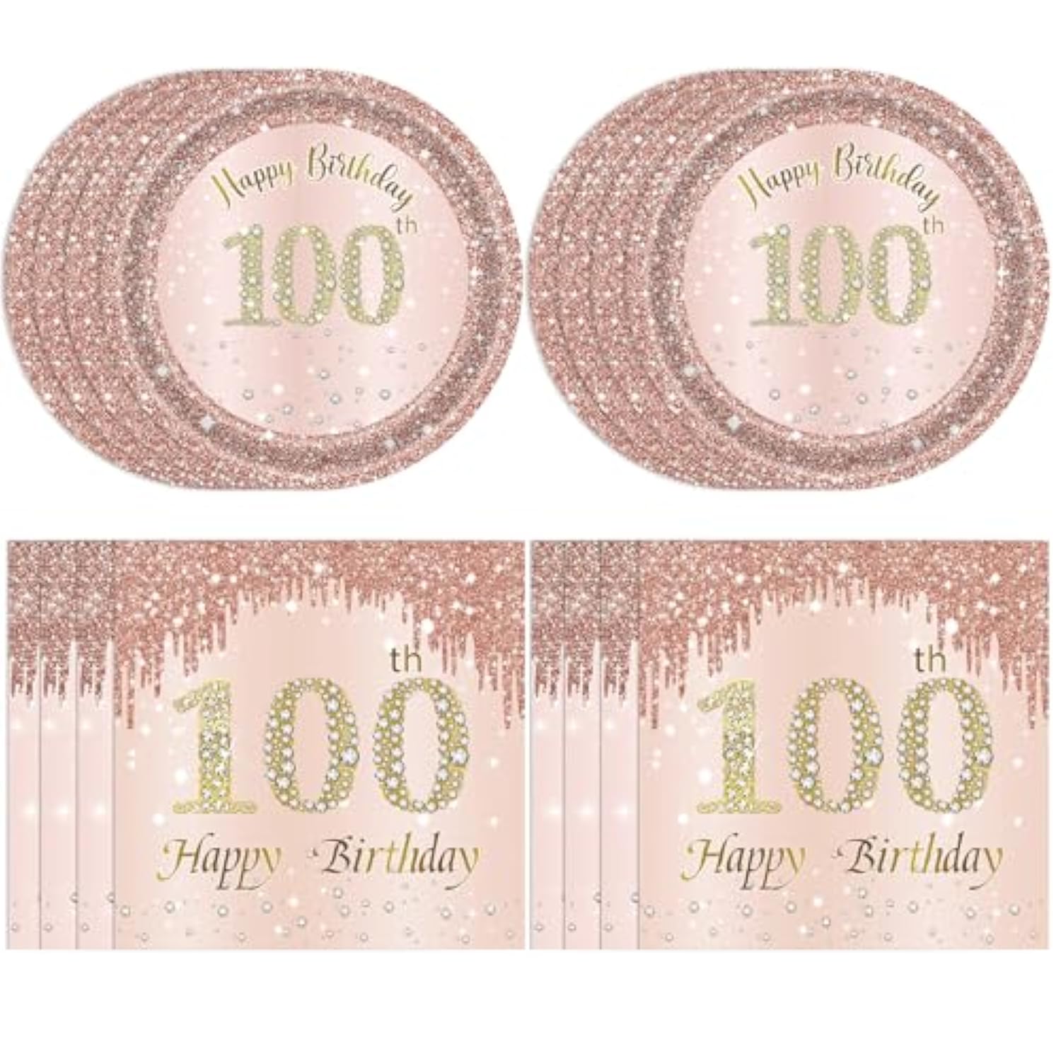 100Th Birthday Decorations, Rose Gold Birthday Party Supplies Include 20Pcs Plates 20Pcs Napkins Sweet One Hundred Year Old Birth Party Tableware For Girl Ladies Women