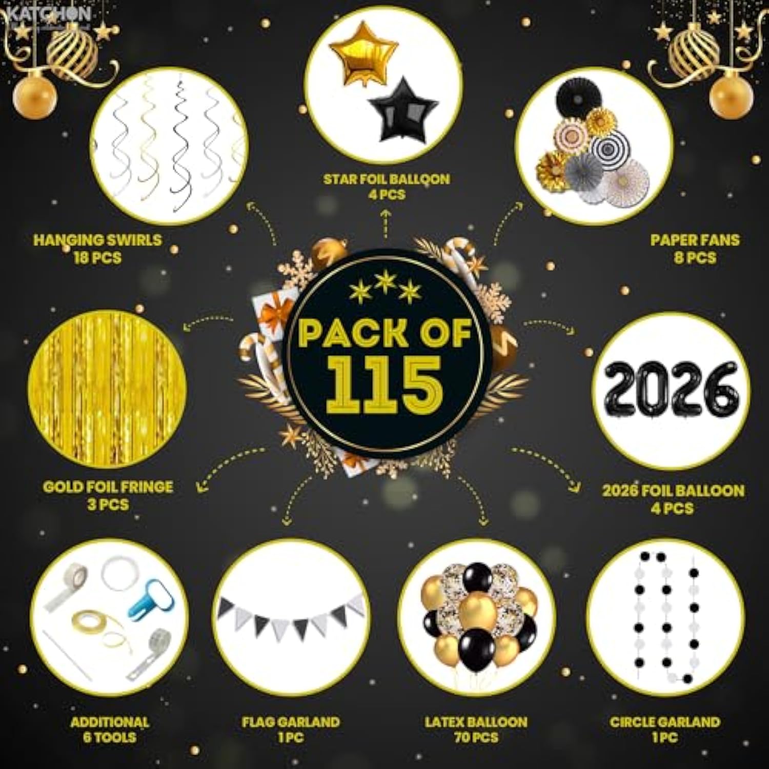 115 Pc 2026 Black Gold New Year Party Set with Balloon Arch and Backdrop