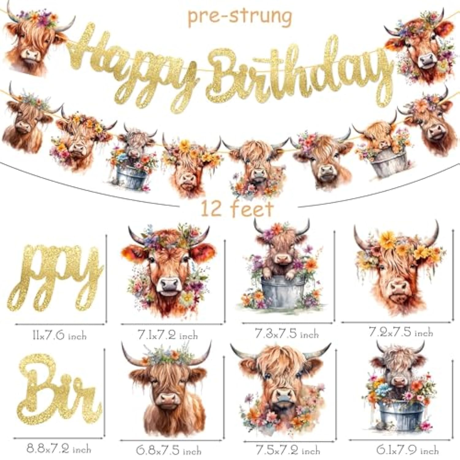 Happy Birthday Banner - Highland Cow Print Party Decorations For Farm, Baby Shower, Gold Glitter