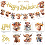 Happy Birthday Banner - Highland Cow Print Party Decorations For Farm, Baby Shower, Gold Glitter