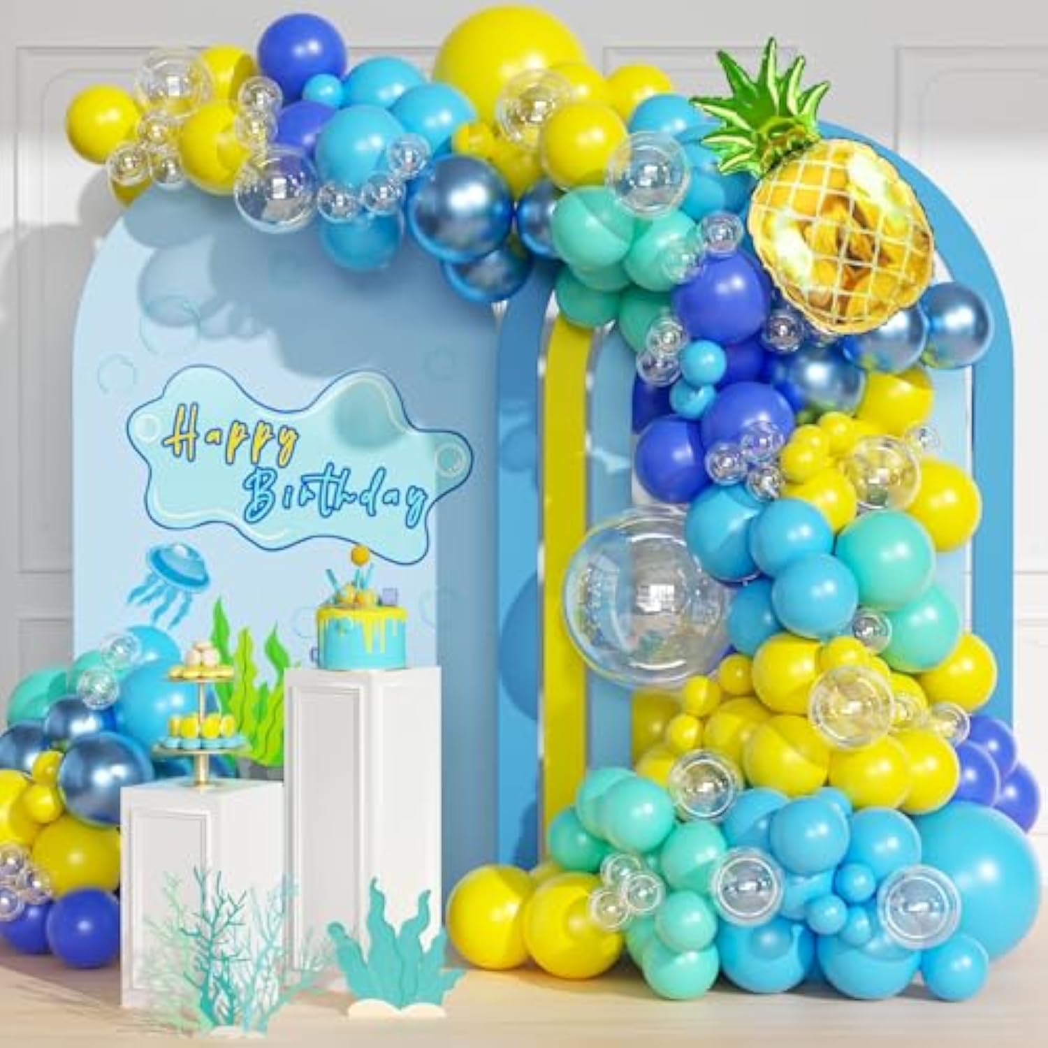 147Pcs Cartoon Sponge Balloon Arch Kit - Birthday Decorations With Yellow, Blue, Clear, Metallic, Teal Balloons And Pineapple Balloon For Cartoon Birthday Party Baby Shower