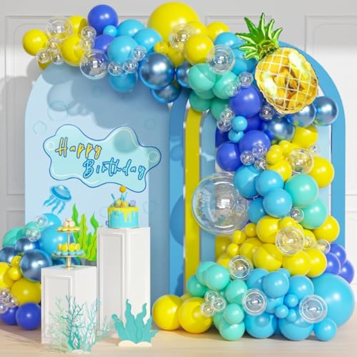 147Pcs Cartoon Sponge Balloon Arch Kit - Birthday Decorations With Yellow, Blue, Clear, Metallic, Teal Balloons And Pineapple Balloon For Cartoon Birthday Party Baby Shower