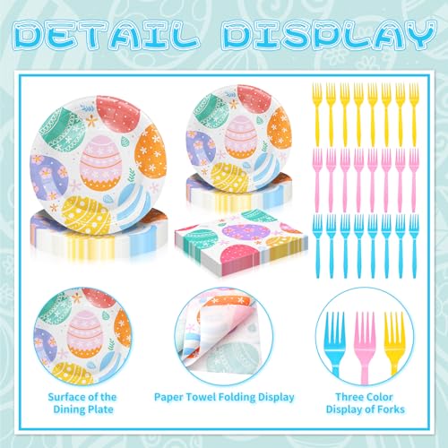 96 Pieces Easter Day Tableware Set Party Supplies - Colorful Eggs Pattern Disposable Dinnerware with Paper Plates, Napkins, Forks for Spring Celebrations Picnic Favors