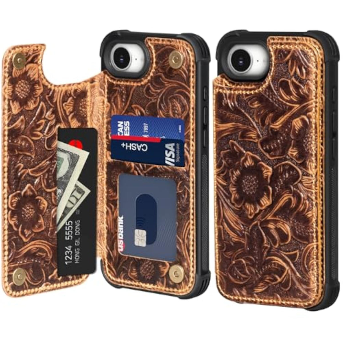 Brown Real Leather Wallet Case Compatible with iPhone 16e/17e 6.1 Inch