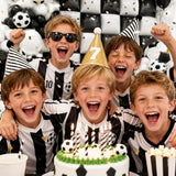 36pcs Black and White Square Foil Balloons Wall Backdrop with 114pcs Soccer Balloon Garland Arch Kit, Double Sided Balloons for World Soccer Boys Sports Theme Baby Shower Party Decorations Set