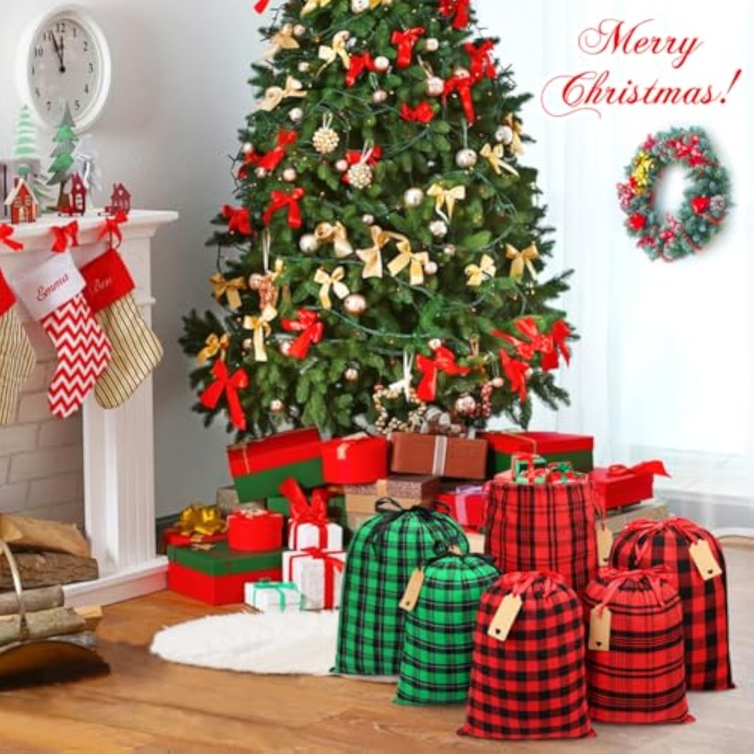 Big Fabric Christmas Gift Bags 20X15 15X12Inch, 6Pcs Cotton Gift Wrapping Sacks Cloth Pouches For Xmas Presents Party Favor