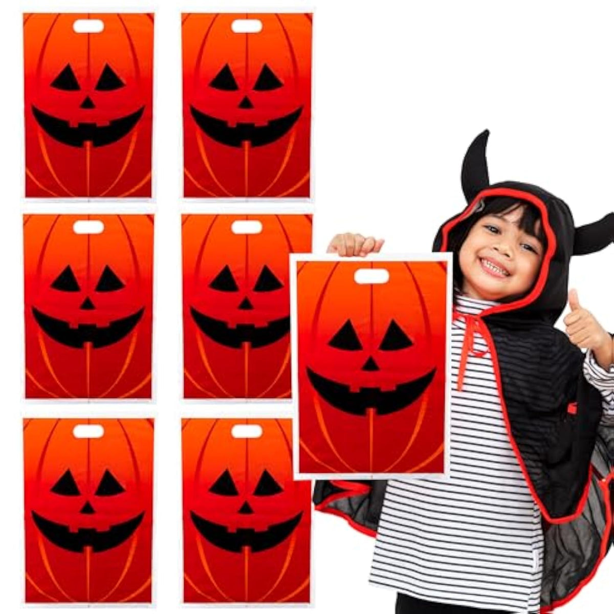 50 Piece 11" X 17" Jack-O-Lantern Trick Or Treat Bags Orange Pumpkin Face Halloween Plastic Candy Bags For Party Favors, Snacks, Decoration