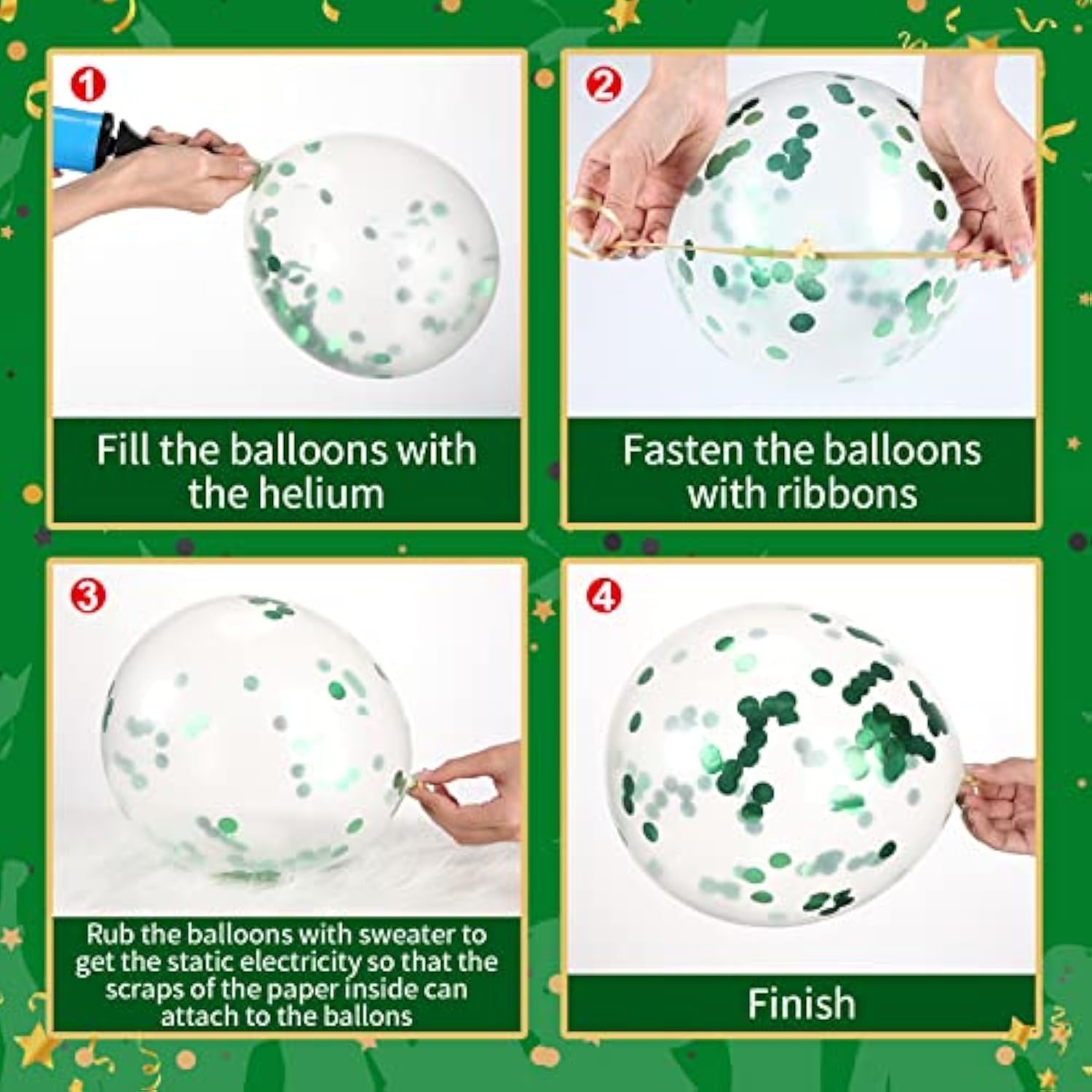 60 Pcs 12 Inch Balloons Kit Confetti Latex Metallic Balloons With 2 Rolls Ribbon Party Favor For Memorial Day, Birthdays, Fourth Of July, Halloween Decorations(Black, Green, White)