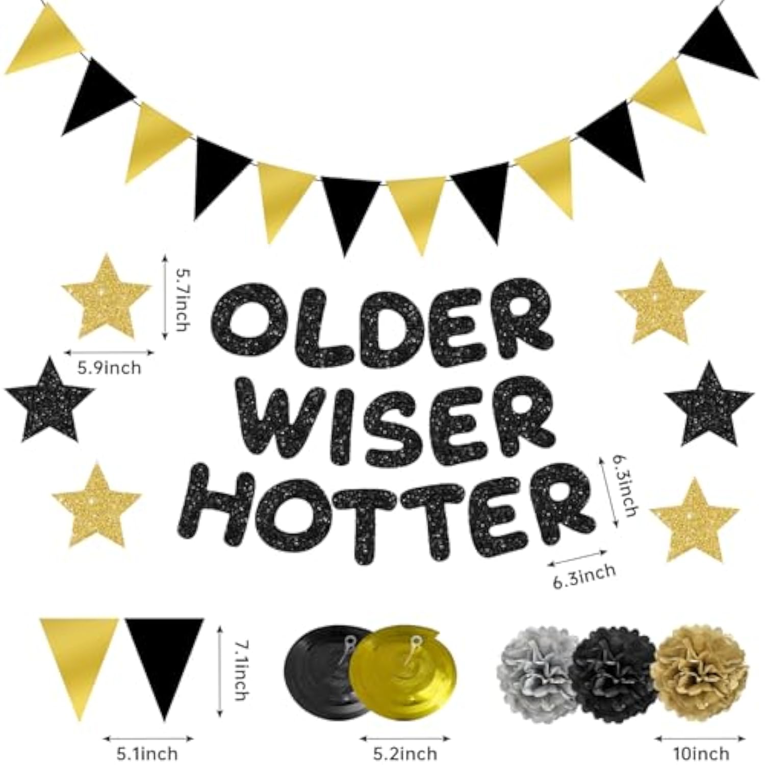 Older Wiser Hotter Triangle Flag Birthday Banner Decorations Kit- Black Gold Glitter Birthday Decors For Men Women 30Th 40Th 50Th 60Th 70Th 80Th Paper Pompoms, Hanging Swirls Party Supplies