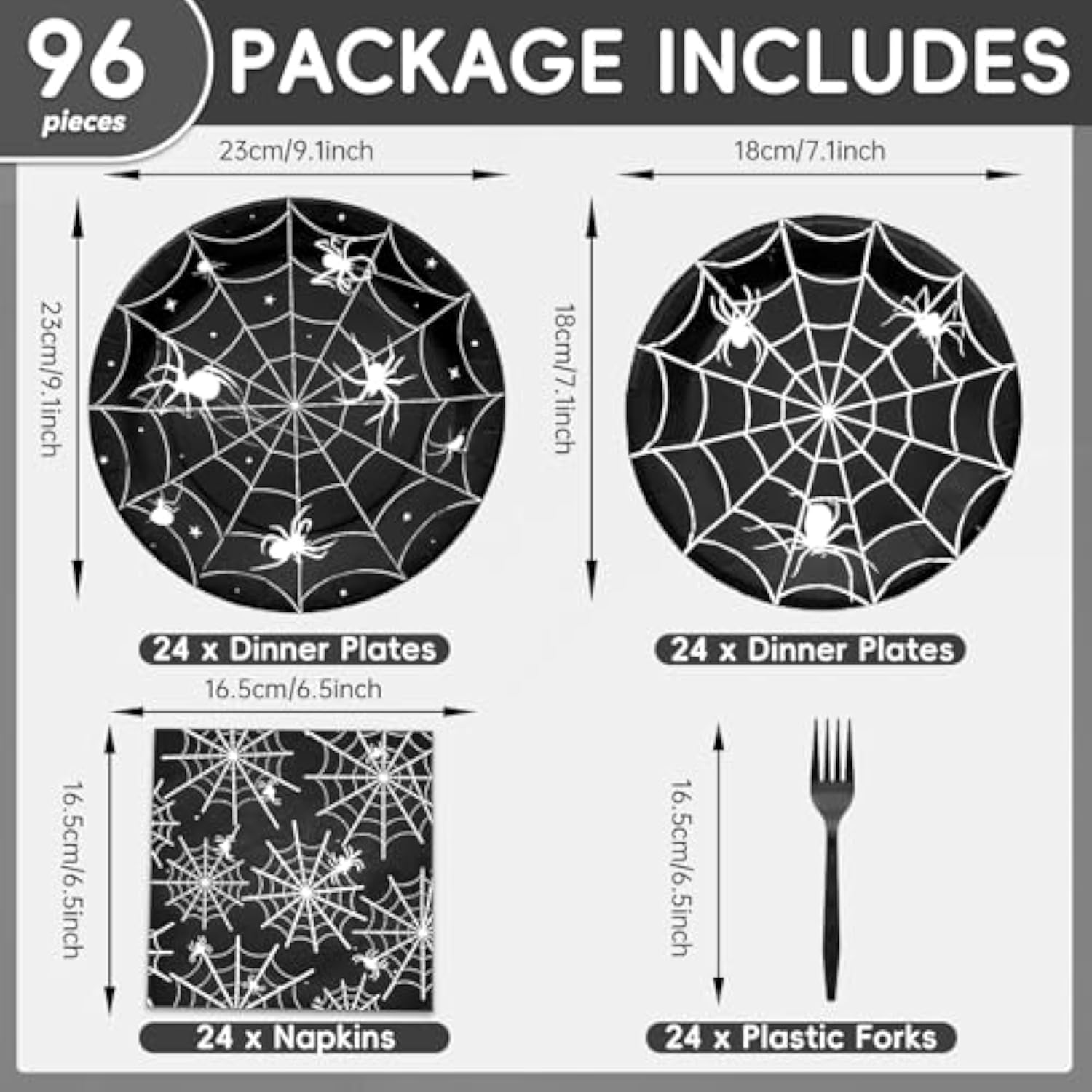 96pcs Halloween Spider Web Tableware Disposable Plates Napkins Forks Party Supplies Serves 24