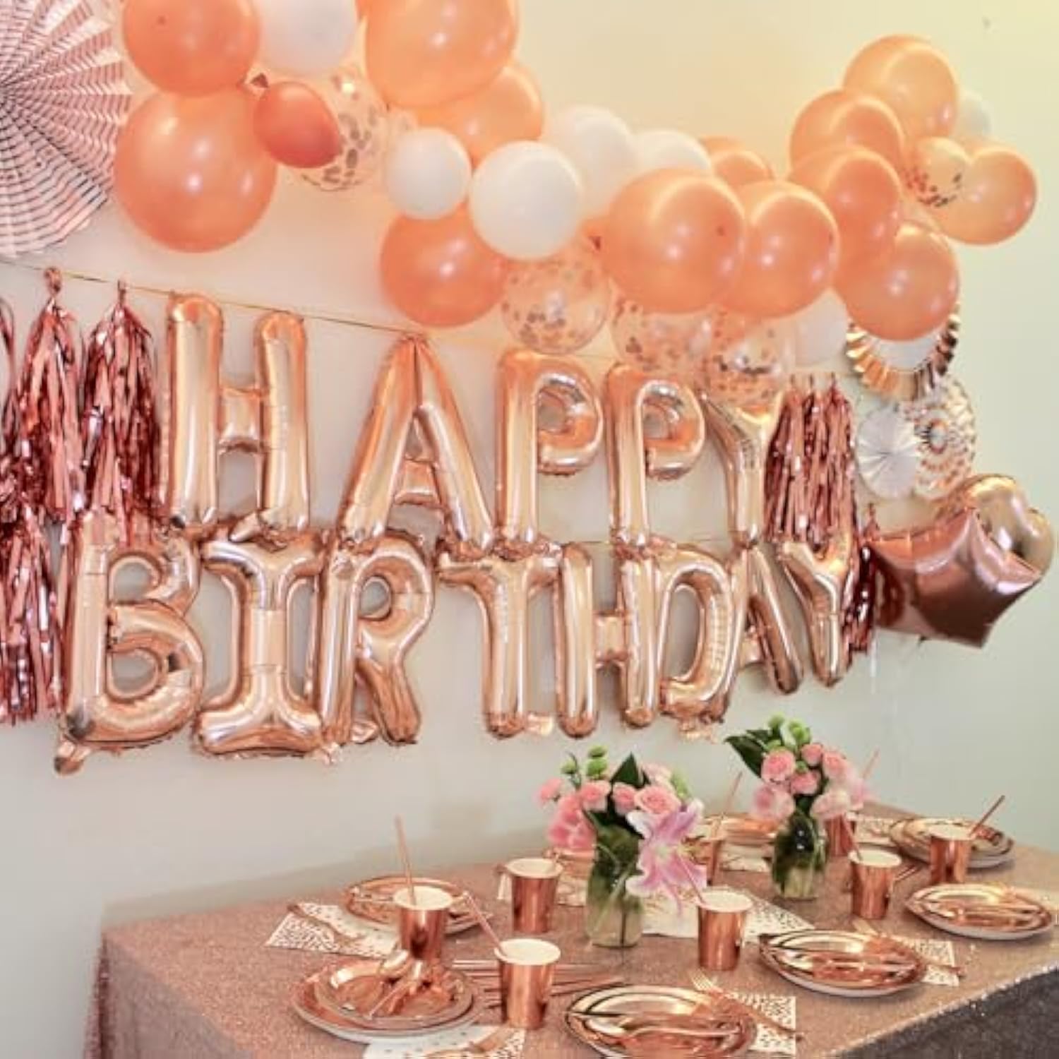 Rose Gold Happy Birthday Balloon Banner, 16 Inch Foil Mylar Happy Birthday Balloons Letters, Reusable Happy Birthday Sign, Rose Gold Birthday Decorations For Women And Girls