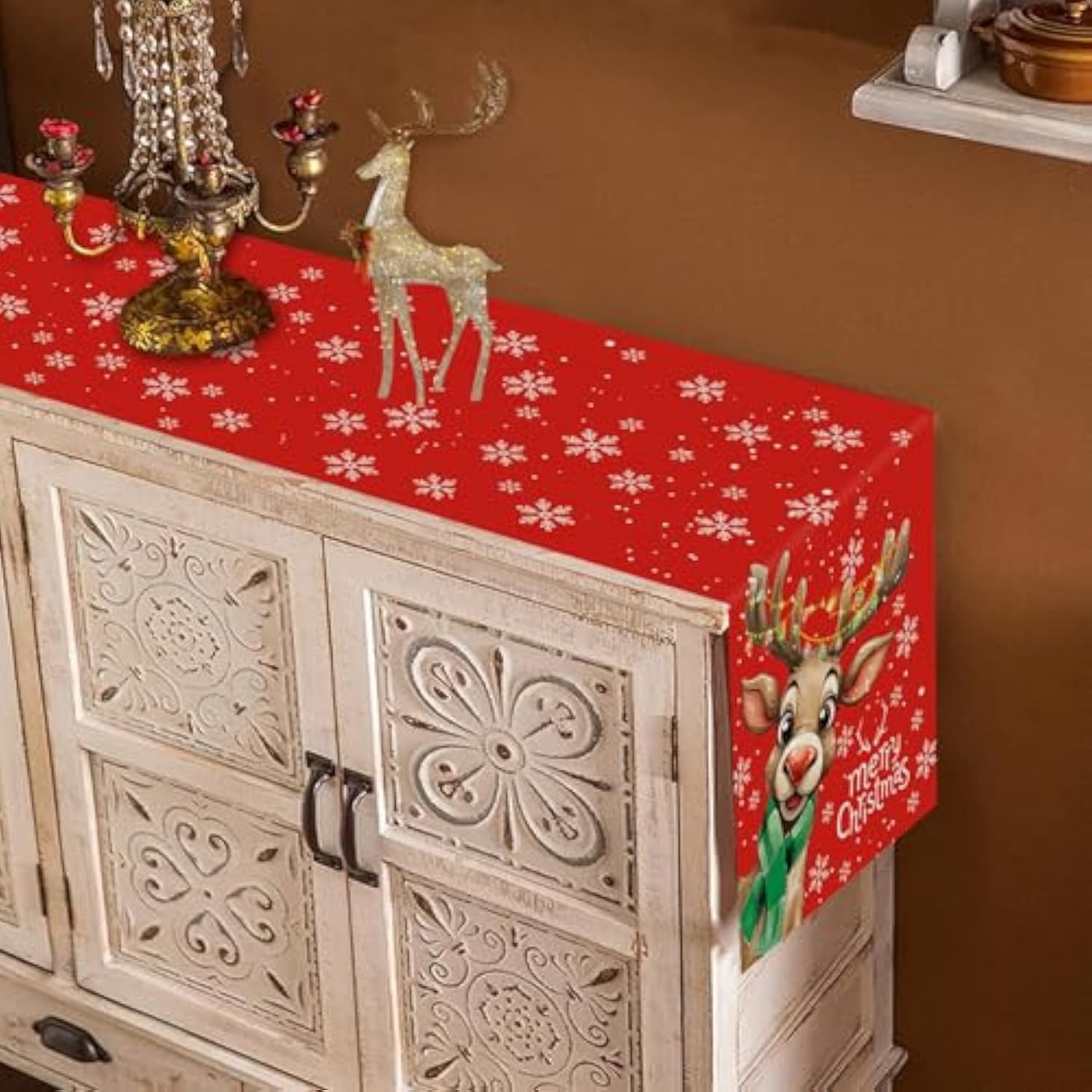 Merry Christmas Table Runner Reindeer Snowflake Red Runner Winter Xmas Home Party Kitchen Dining Table Indoor Outdoor Decorations 13X48 Inch