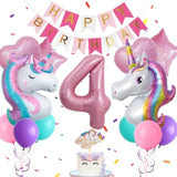 4th Unicorn Birthday Decorations for Girls Banner Cake Topper Unicorn Balloons
