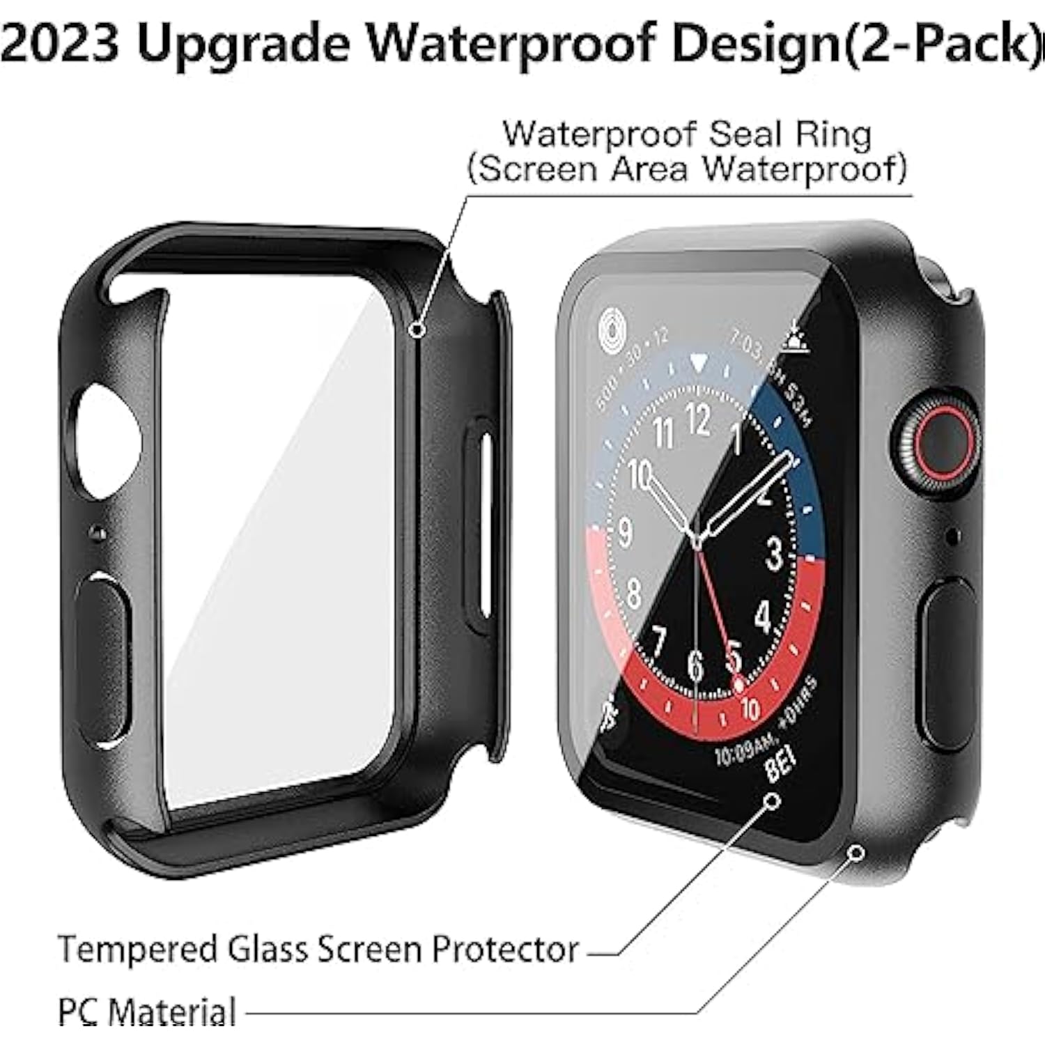 [2 Pack] Waterproof Black Hard Case With Tempered Glass Compatible With Apple Watch Se 2 (2024) Se Series 6 Series 5 Series 4 44Mm, Ultra-Thin Protective Cover For Iwatch Screen Protector