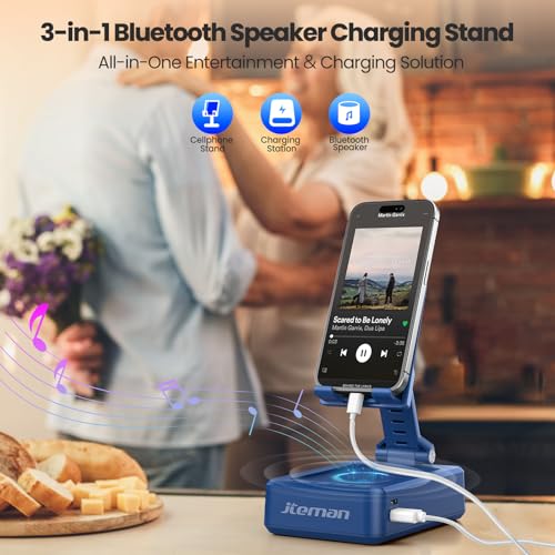 Cell Phone Stand with Bluetooth Speaker and Charging Function, HD Sound Adjustable Phone Holder, Birthday Gifts for Men Women, Cool Tech Kitchen