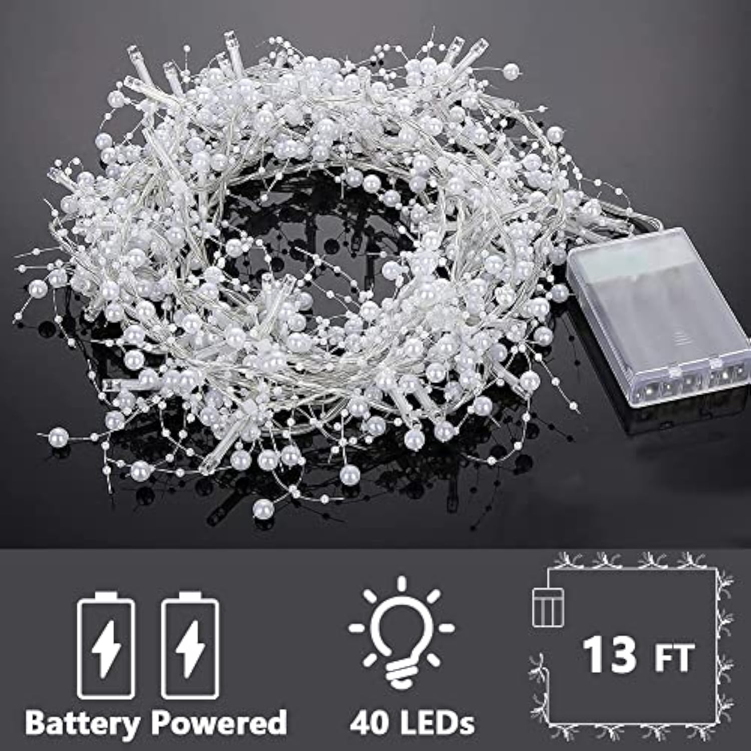 13Ft Christmas White Pearl String Lights 40Led Lighted Berry Beaded Garland Festive Indoor Xmas Decoration Warm Lights F