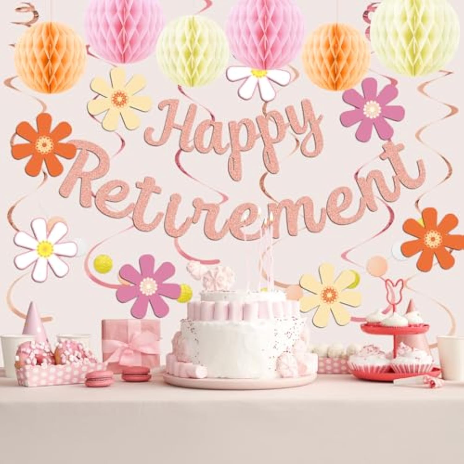 Retirement Party Decorations For Women, Rose Gold Happy Retirement Banner Female, Honeycomb Balls, Hanging Swirl,Retired Parties Supplies