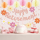 Retirement Party Decorations For Women, Rose Gold Happy Retirement Banner Female, Honeycomb Balls, Hanging Swirl,Retired Parties Supplies