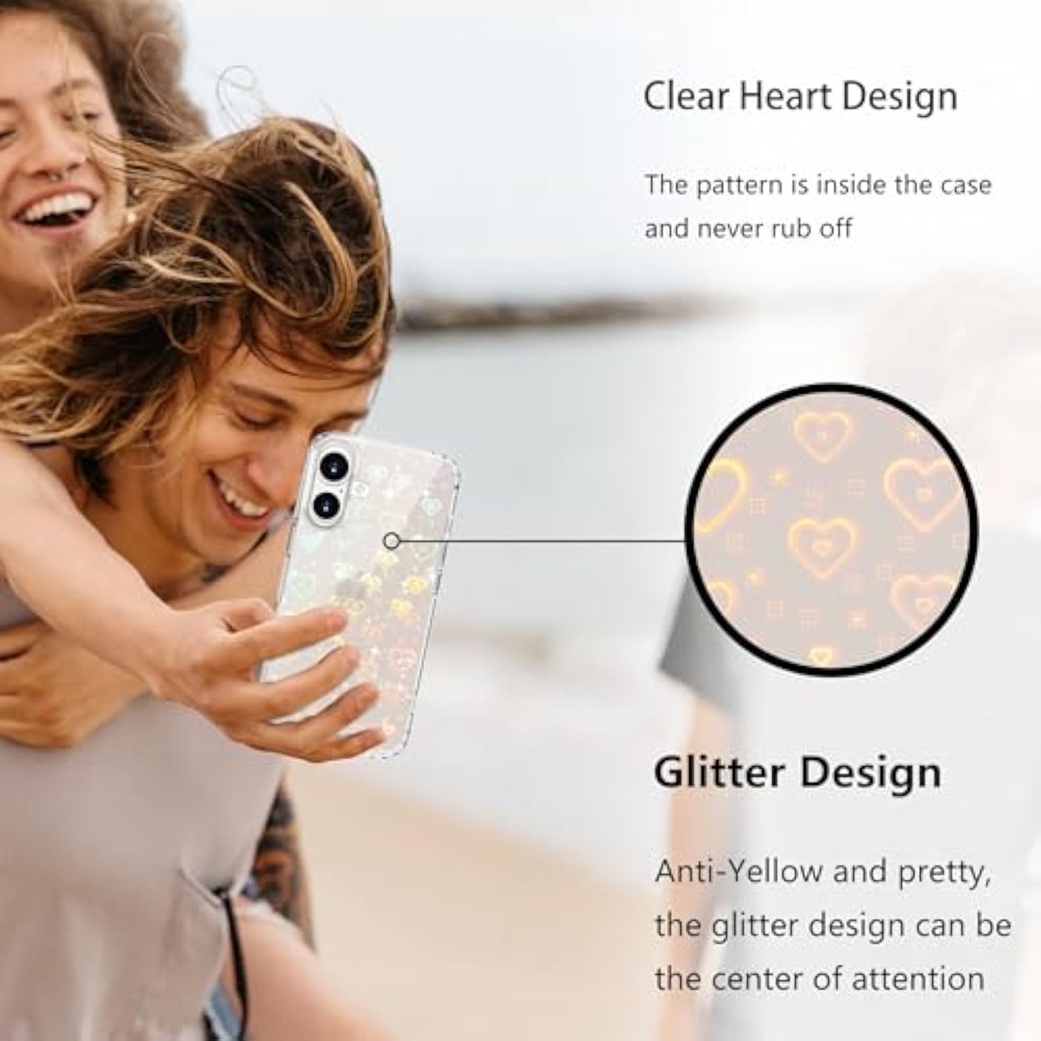 For Iphone 16 Case, Clear Cute Glitter Laser Holographic Heart Pattern For Women Girls, Anti-Yellow Hard Pc Protective Cover Phone Case For Apple Iphone 16 6.1-Inch, Rainbow Heart