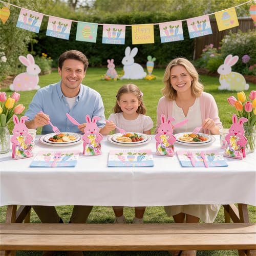 160 Pcs Easter Tableware Set Party Supplies for 20 Guests Disposable Paper Plates, Cups, Napkins Forks Set Decorations for Easter Party Spring Holiday Picnics