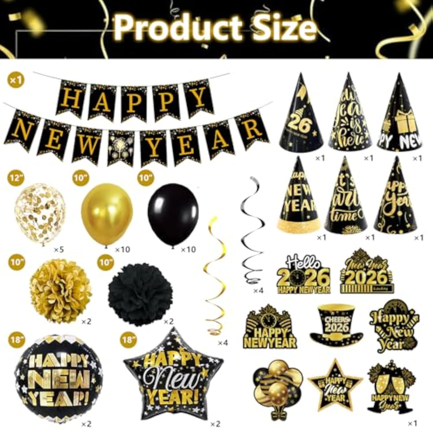 2026 New Year Party Decorations Black Gold Banner Balloons Hats Photo Props