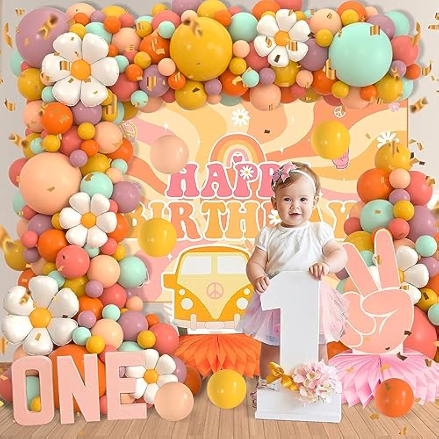 180Pcs Boho Daisy Balloon Arch Kit for Groovy Hippie Theme Party Decorations