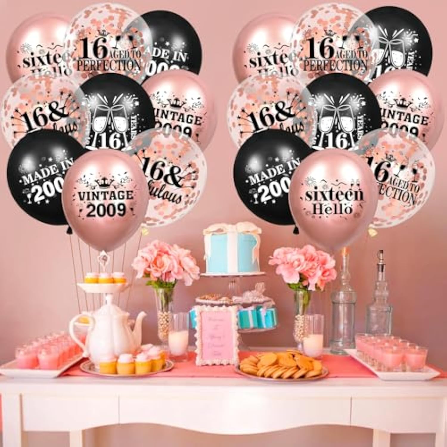 16th Birthday Balloons Rose Gold Black 18Pcs Sweet 16 Party Decorations Confetti Set