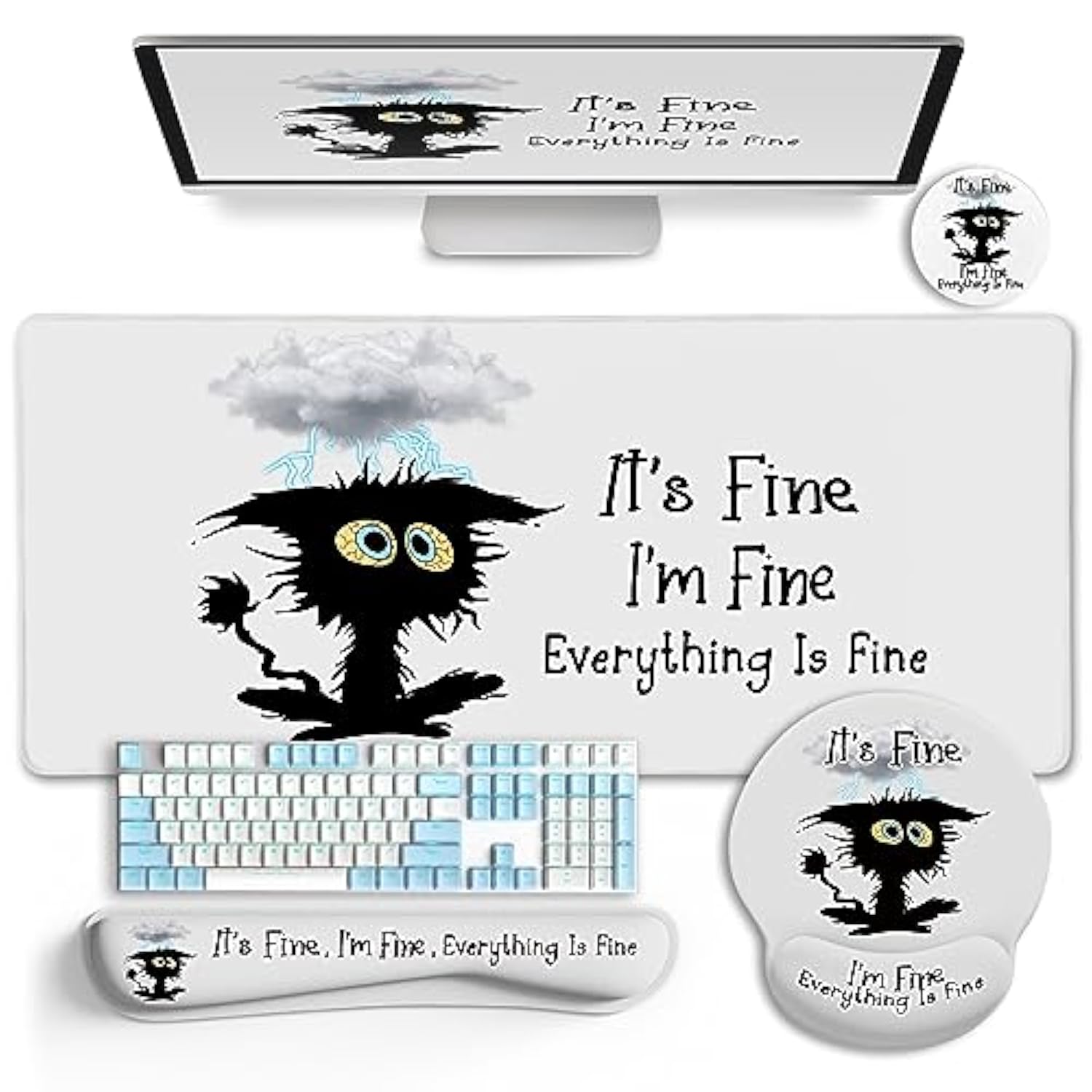 Desk Mat Set, Large Gaming Mouse Pad With Wrist Rest, Ergonomic Mouse Pad Keyboard Mat Wrist Support, Cup Coaster, Home Office Desk Accessories Decor Supplies, Funny Black Cat