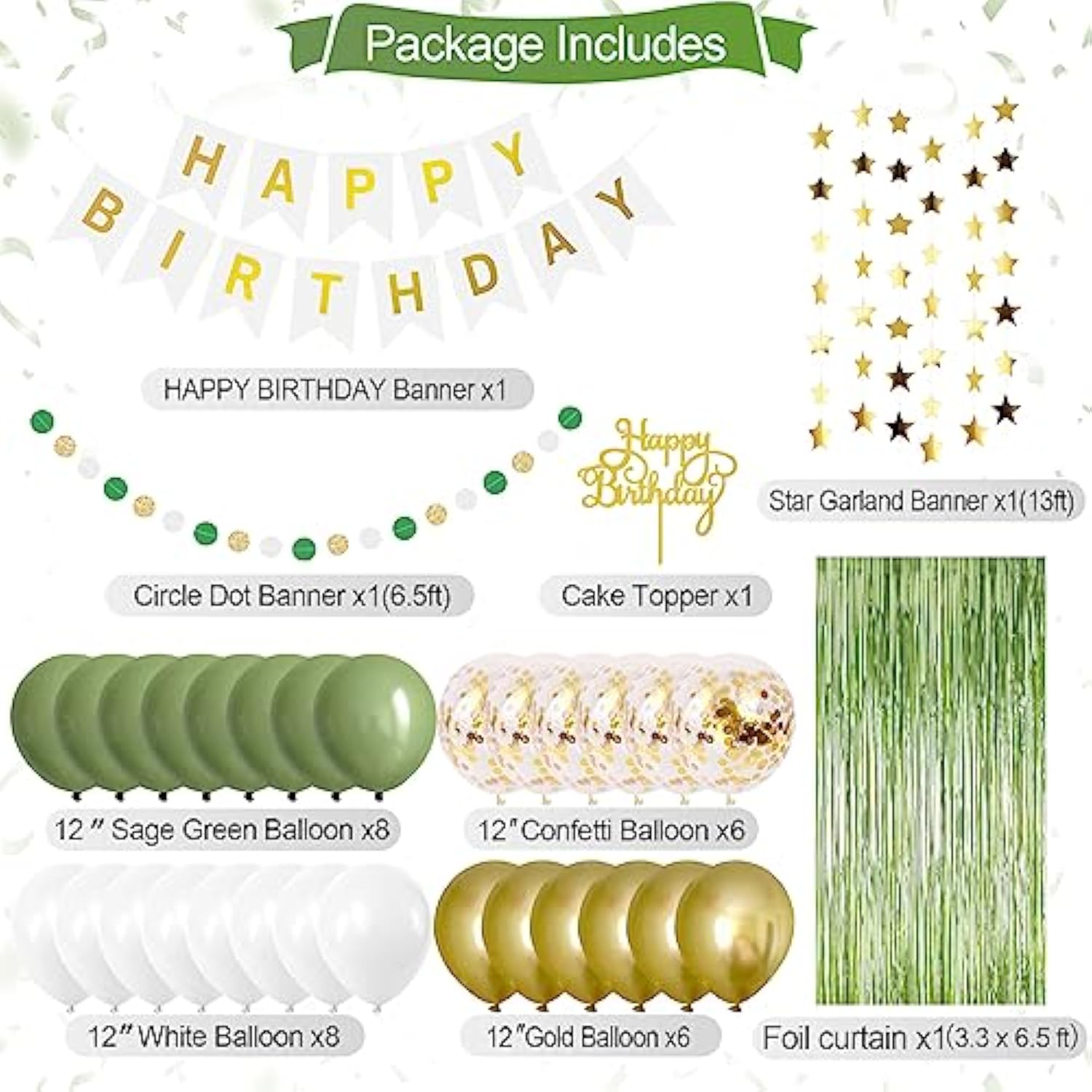 Sage Green & Gold Birthday Decor Set – Balloons, Banner, Foil Backdrop and Pom Poms